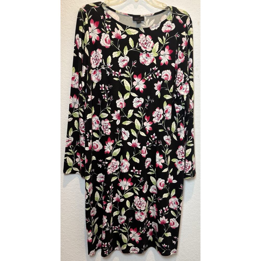 J. Jill Wearever Black Floral Long Sleeve Knit Midi Dress Size Large